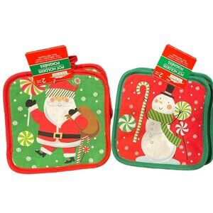 4~Christmas House Holiday Pot Holders 2-Pack With Santa & 2 Snowman Prints 7"x7"